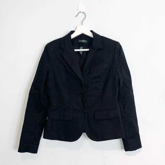 Lauren Ralph Lauren Notch Lapel Cotton Stretch Blazer in black size 6 - Picture 1 of 6
